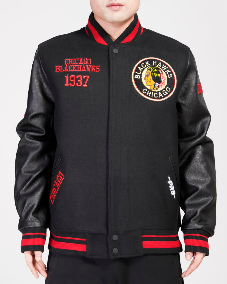 Chicago Blackhawks Pro Standard Black Wool Varsity Jacket product image 1, provided for visual reference and product detail