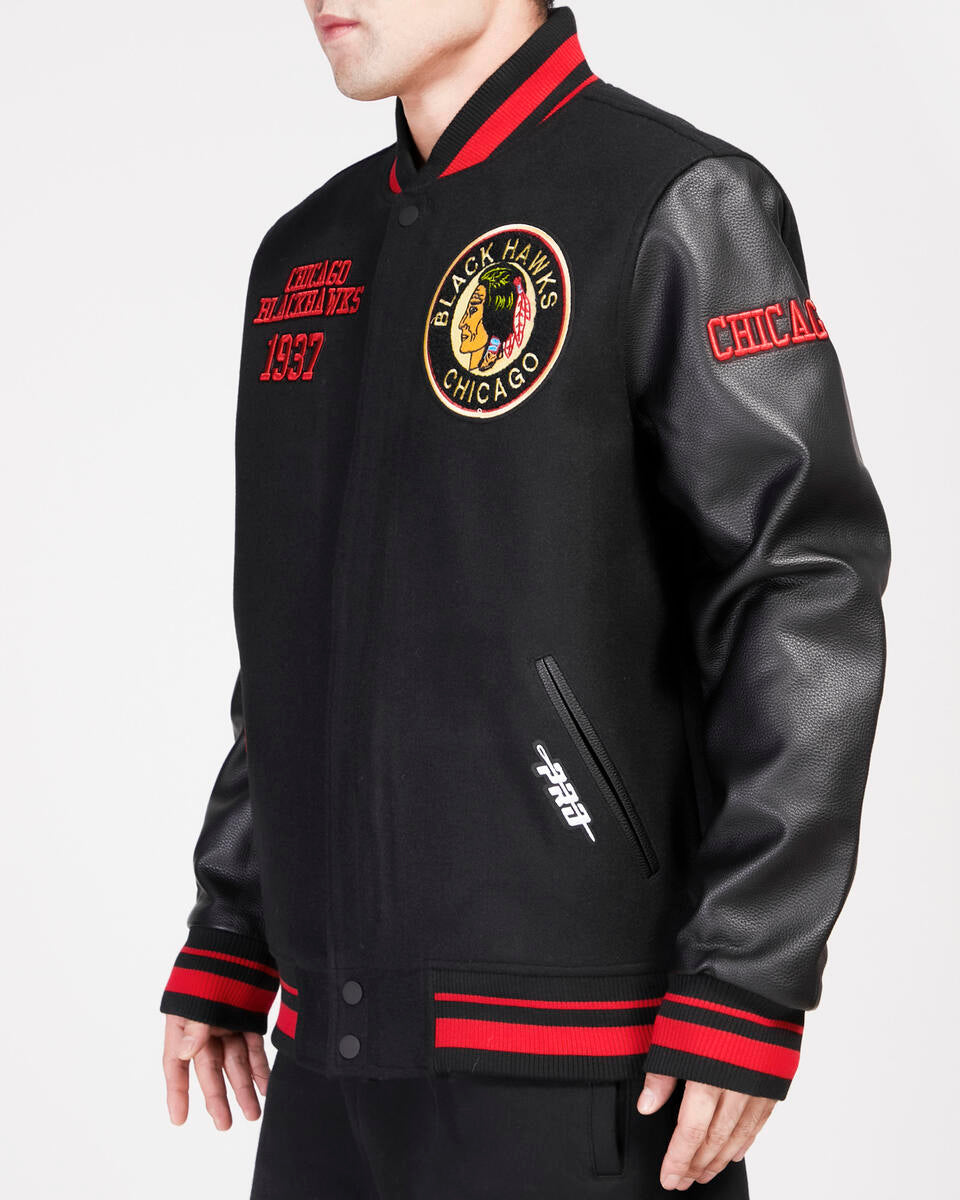 Chicago Blackhawks Pro Standard Black Wool Varsity Jacket product image 3, provided for visual reference and product detail