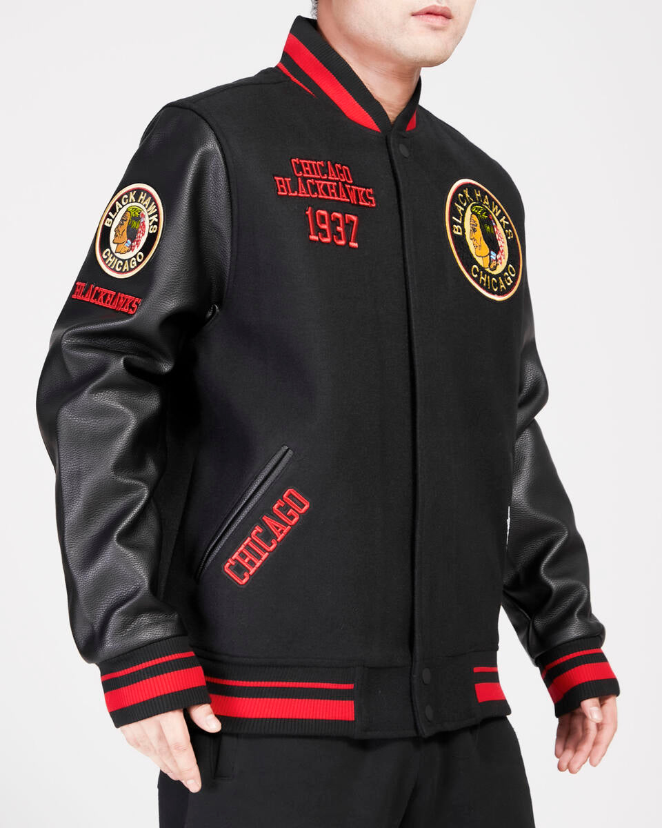 Chicago Blackhawks Pro Standard Black Wool Varsity Jacket product image 4, provided for visual reference and product detail