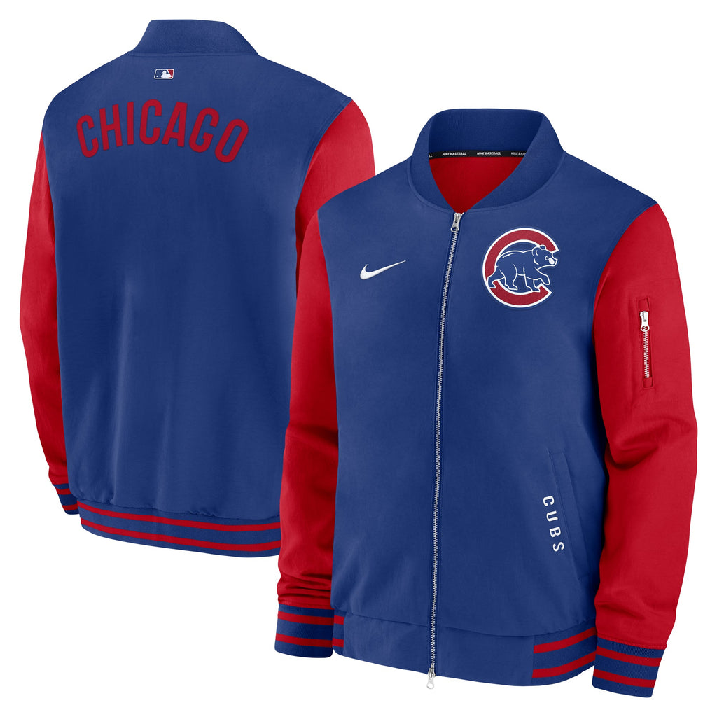 Chicago Cubs Nike 2025 Authentic Collection Bomber Dugout Jacket product image 1, provided for visual reference and product