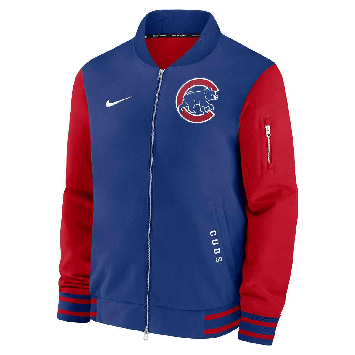 Chicago Cubs Nike 2025 Authentic Collection Bomber Dugout Jacket product image 2, provided for visual reference and product