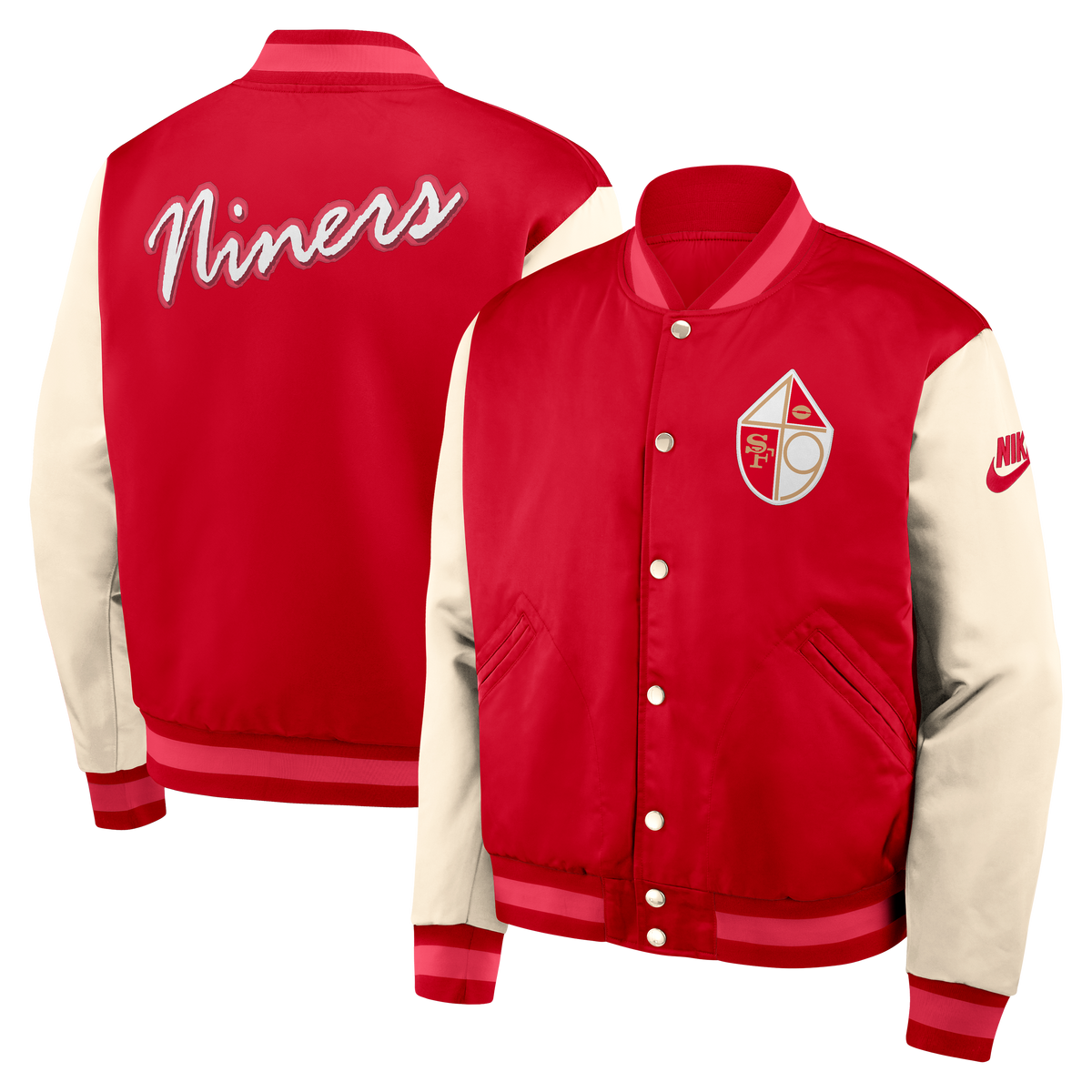 Nike Men San Francisco 49ers Rewind Legacy Varsity Jacket product image 3, provided for visual reference and product detail