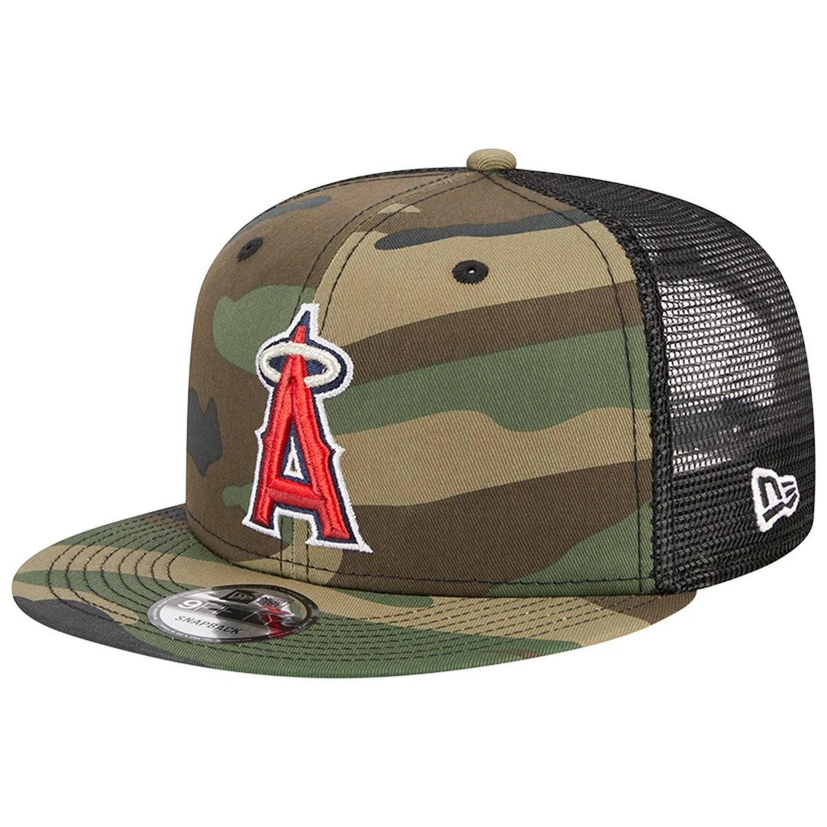 New Era Los Angeles Angels Woodland Camo Trucker 9FIFTY Snapback Hat-Camo/Black product image 2, provided for visual