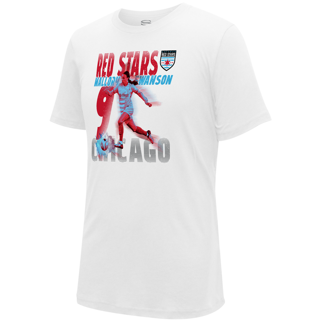 Mallory Swanson #9 Chicago Red Stars Player T-Shirt product image 1, provided for visual reference and product detail review