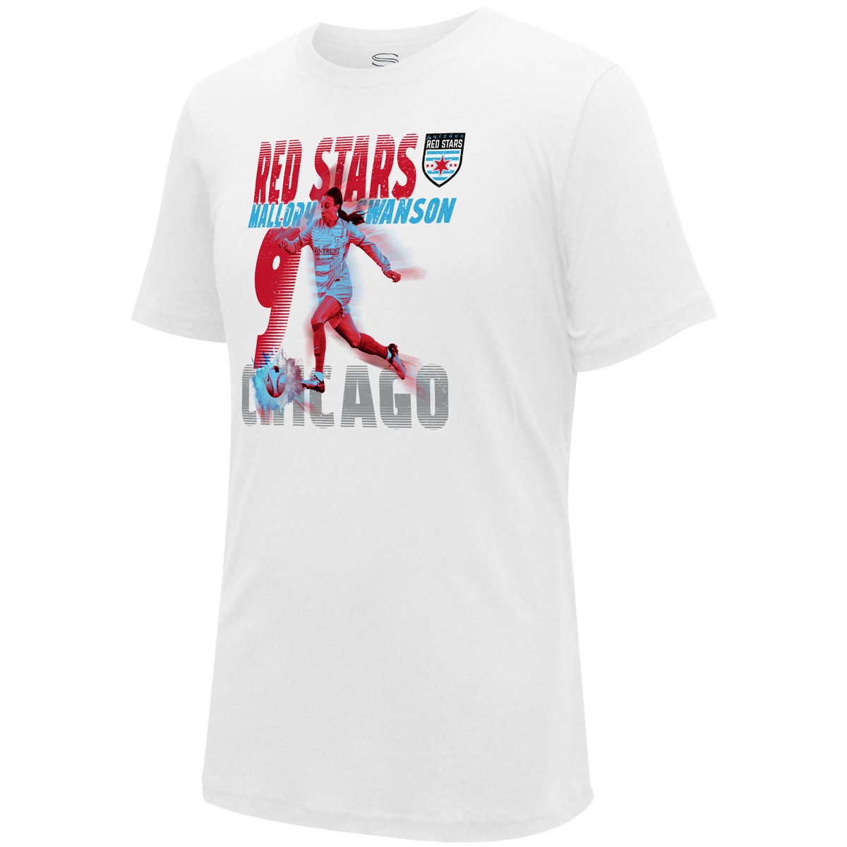 Mallory Swanson #9 Chicago Red Stars Player T-Shirt product image 1, provided for visual reference and product detail review