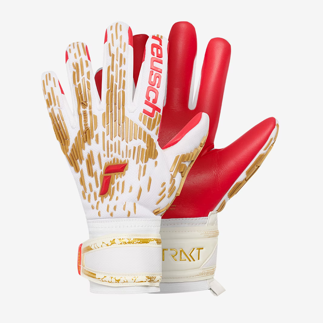 Reusch Attrakt Freegel Sliver Goalkeeper Glove-White/Gold/Red product image 1, provided for visual reference and product