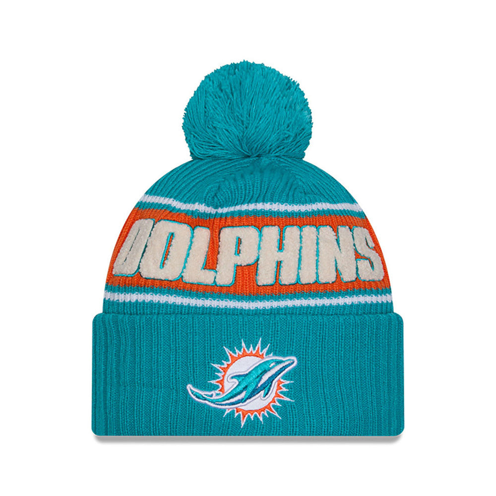 Miami Dolphins On-Field 2024 New Era Winter Knit Hat product image 1, provided for visual reference and product detail review