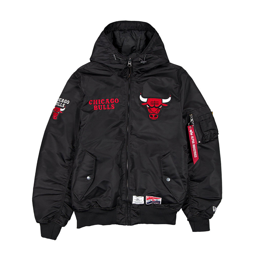 Chicago Bulls Black Alpha Bomber Jacket product image 1, provided for visual reference and product detail review