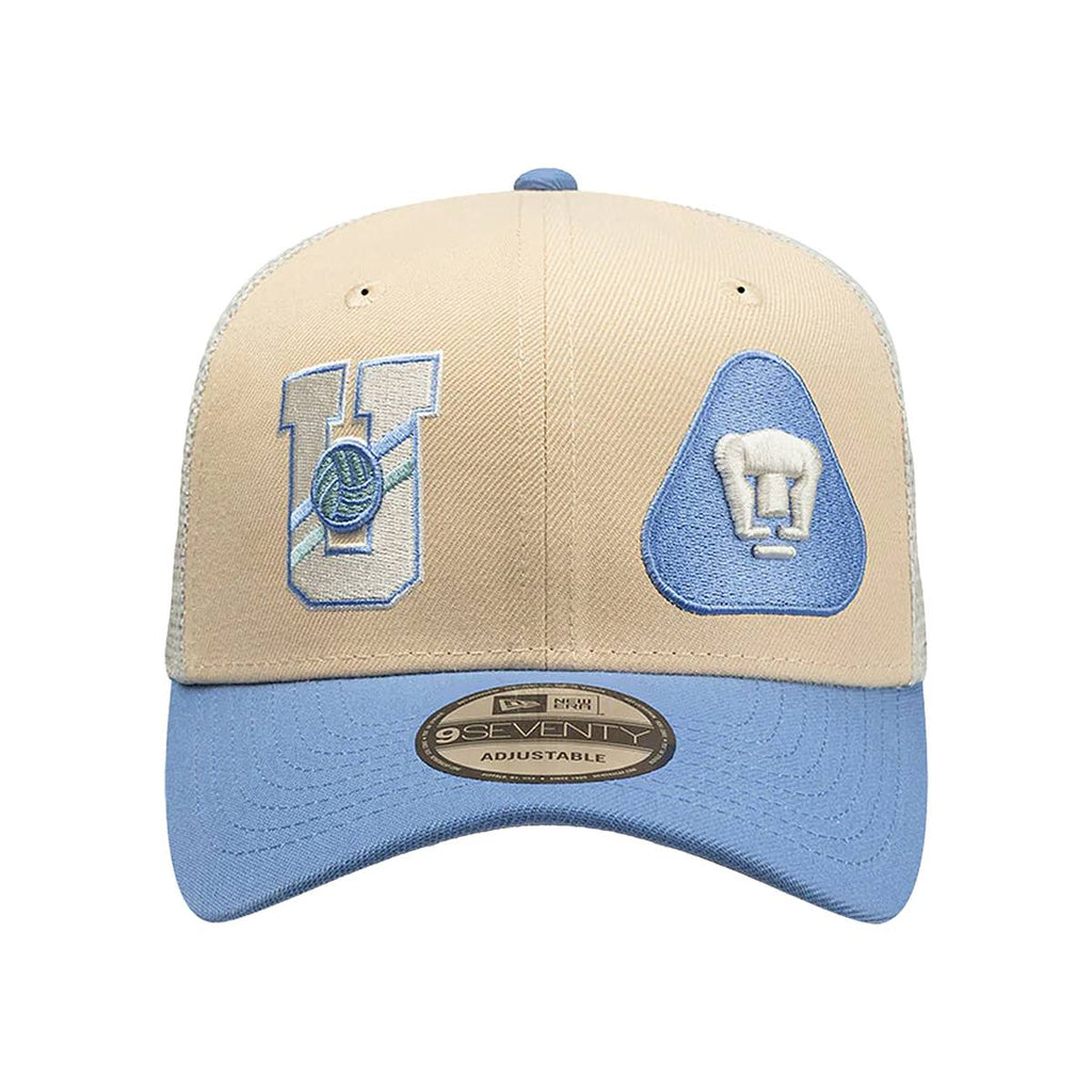New Era Pumas 9Seventy Truckers Snapback Hat-Khaki/Baby Blue product image 1, provided for visual reference and product