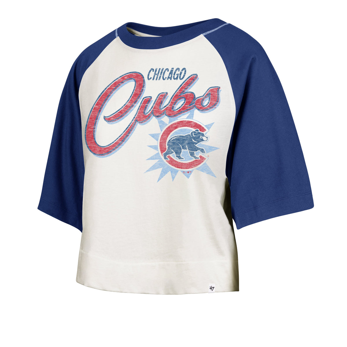 Chicago Cubs '47 Women Flare Raglan Crop T-Shirt product image 1, provided for visual reference and product detail review