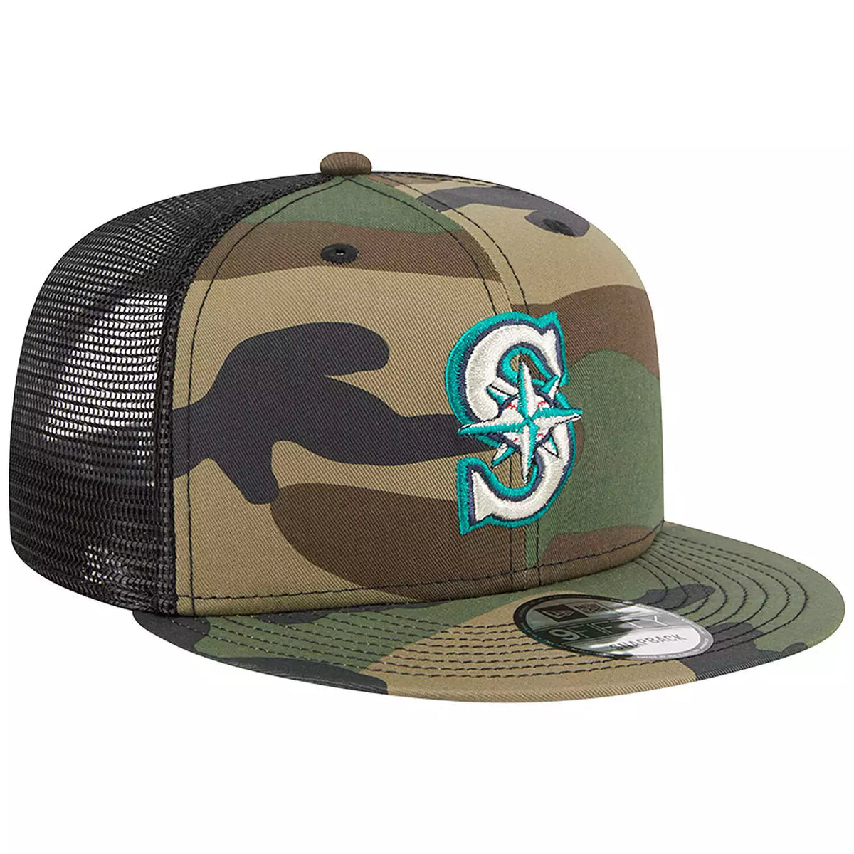 New Era Seattle Mariners Woodland Camo Trucker 9FIFTY Snapback Hat-Camo product image 1, provided for visual reference and