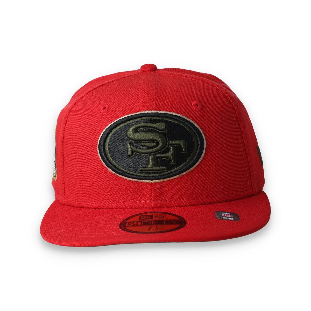 Exclusive New Era San Francisco 49ers 60th Wood Camo 59FIFTY Fitted Hat- Scarlet/Camo product image 2, provided for visual