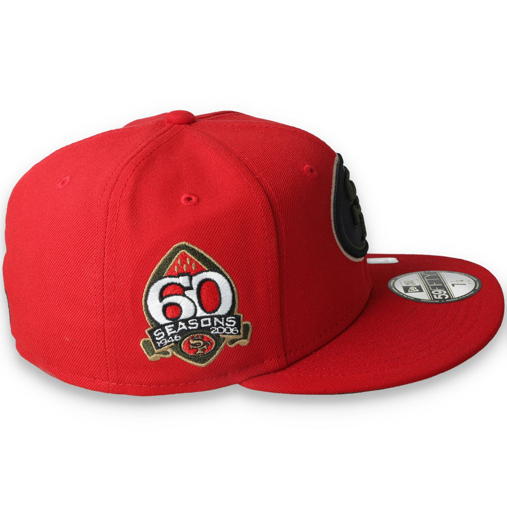 Exclusive New Era San Francisco 49ers 60th Wood Camo 59FIFTY Fitted Hat- Scarlet/Camo product image 5, provided for visual