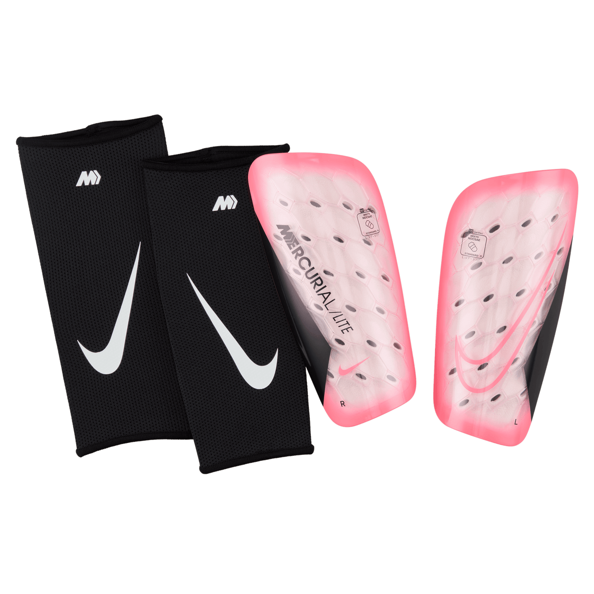 Nike Mercurial Lite Soccer Shin Guards-SUNSET PULSE/BLACK product image 1, provided for visual reference and product detail
