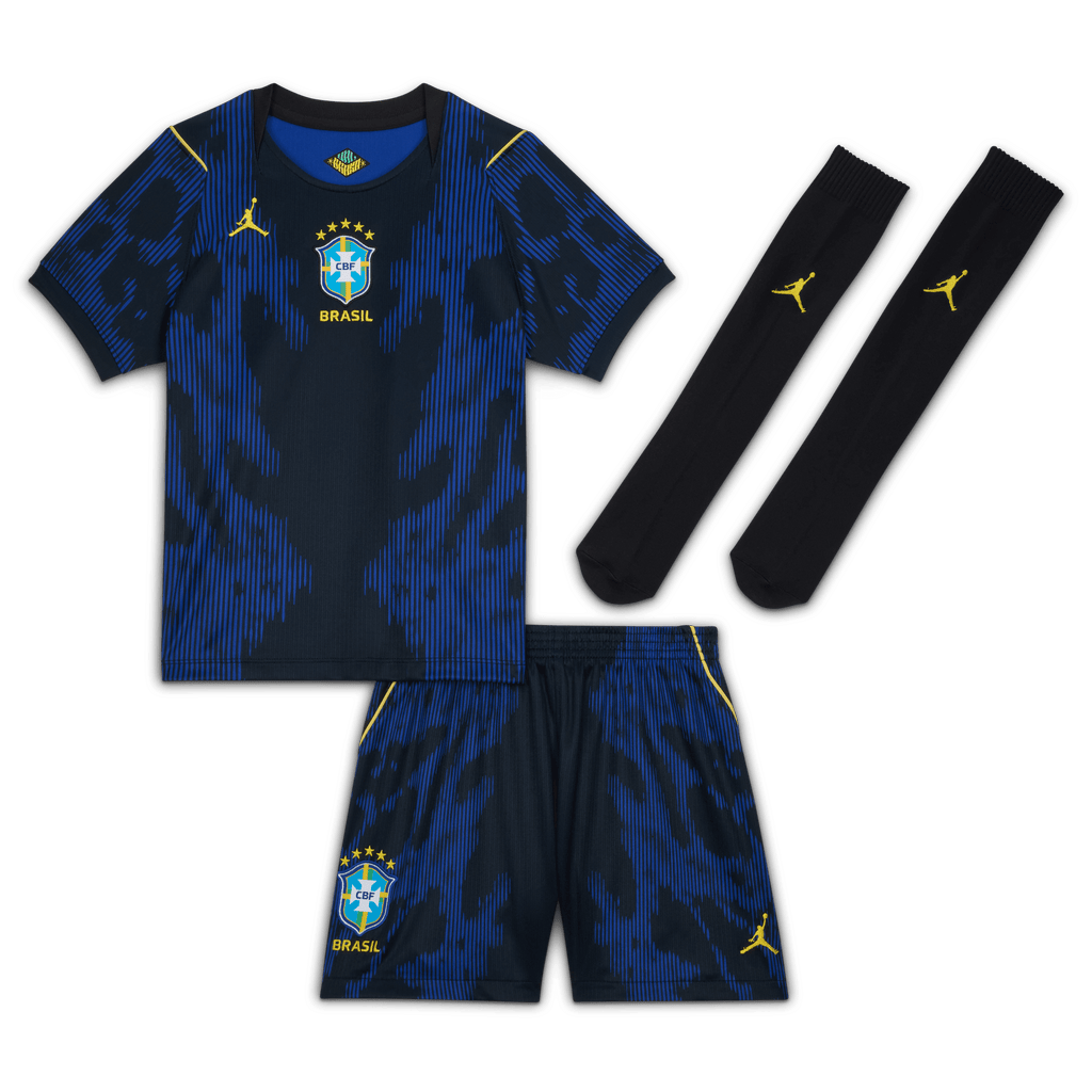 Nike Little Kids Brazil Stadium Away Jordan Soccer Replica 3-Piece Kit product image 1, provided for visual reference and