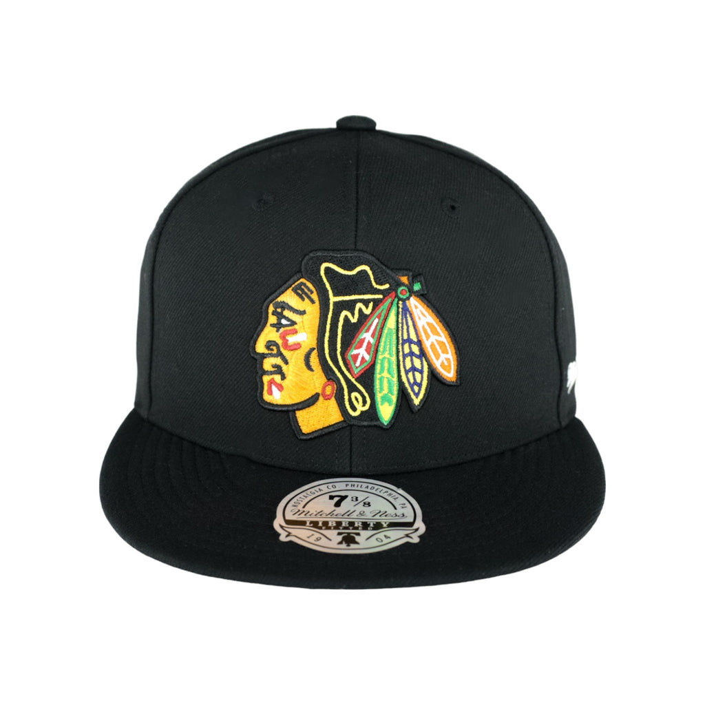 Chicago Blackhawks Black Liberty Mitchell & Ness Fitted Hat product image 2, provided for visual reference and product