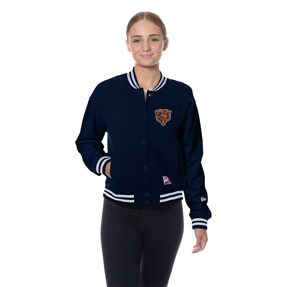 Chicago Bears New Era Ladies Snap Button Navy Varsity Jacket product image 1, provided for visual reference and product