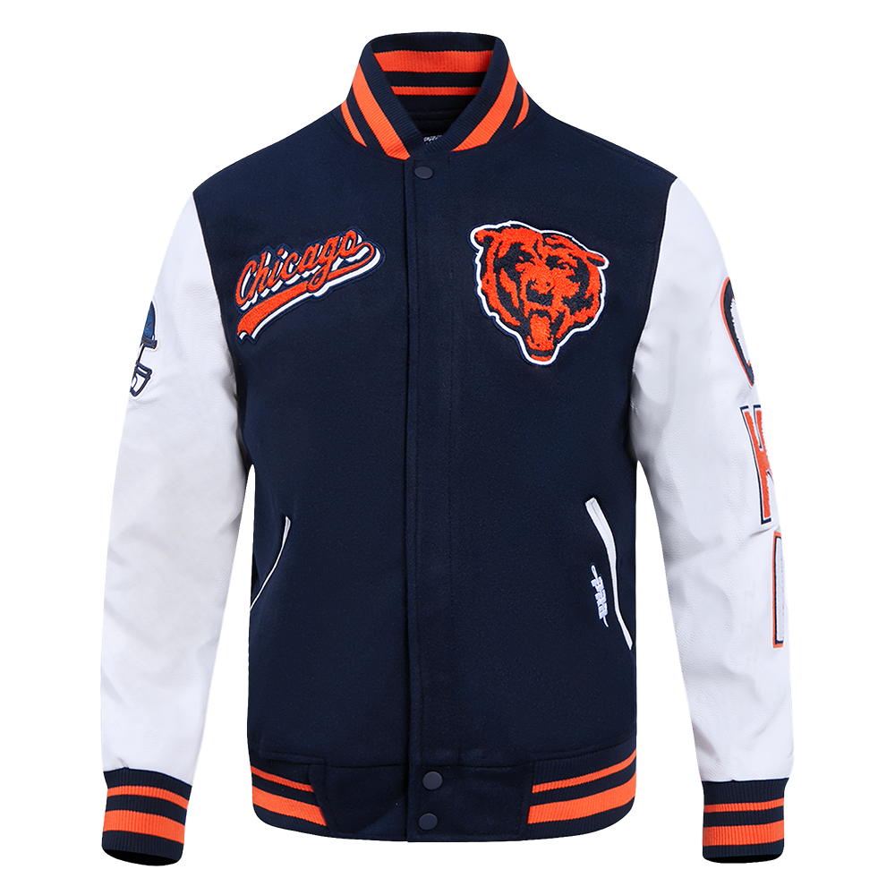 Chicago Bears Pro Standard Script Tail Wool Varsity Jacket product image 1, provided for visual reference and product detail