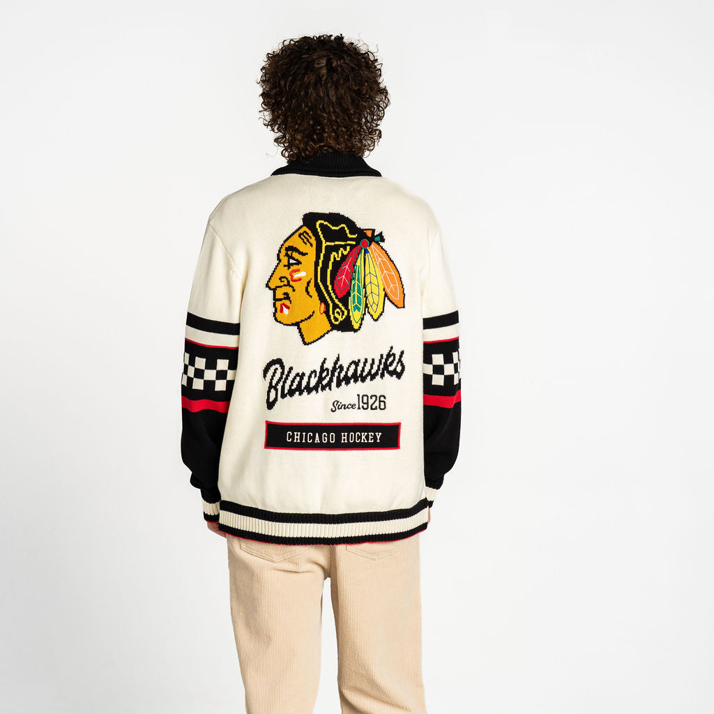 Chicago Blackhawks The Wild Collective Cream/Black Jacquard Full-Button Sweater product image 3, provided for visual