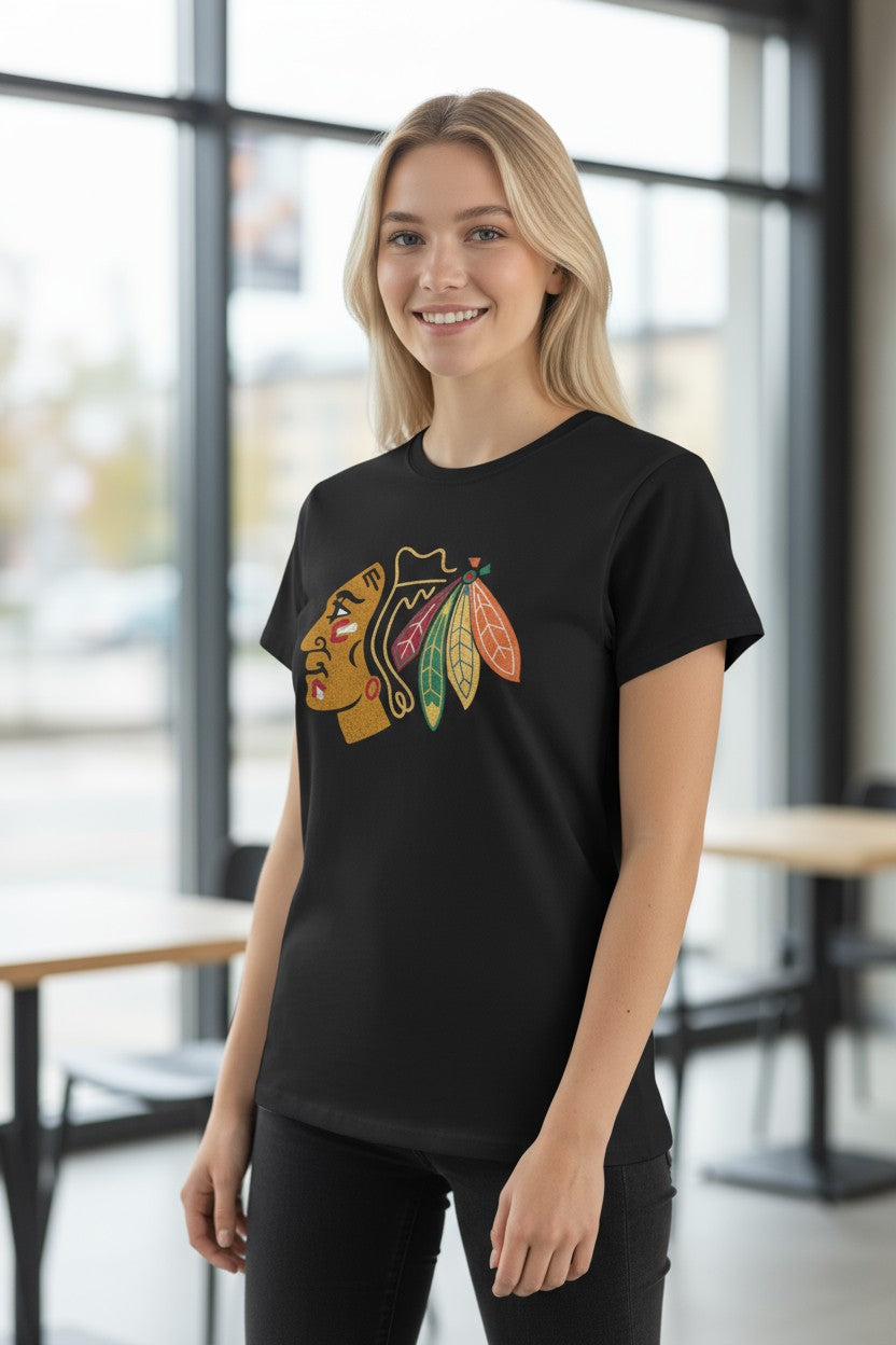 Chicago Blackhawks '47 Women Black Primary Logo Frankie T-Shirt product image 1, provided for visual reference and product