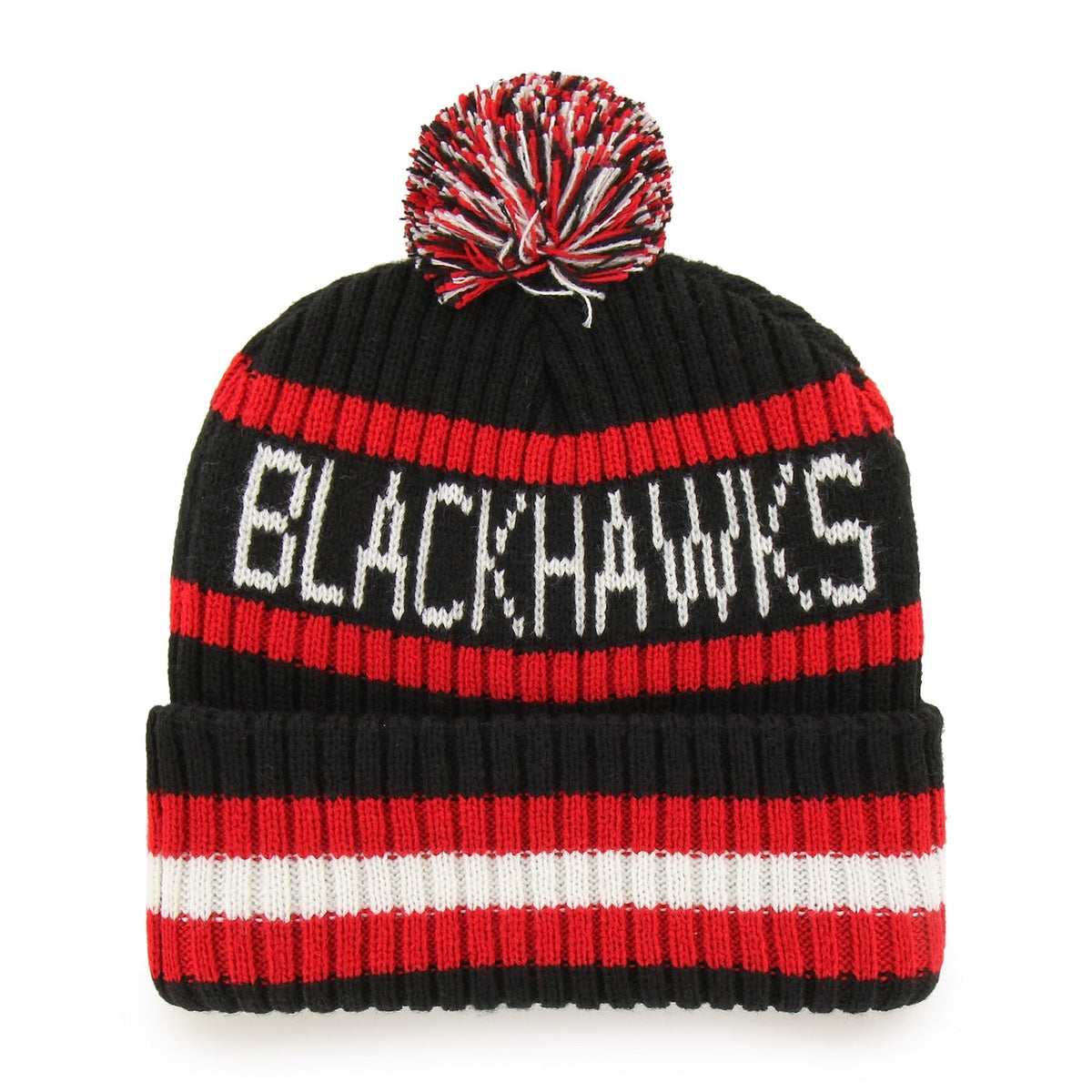 Chicago Blackhawks '47 Bering Black Cuffed Knit Hat product image 2, provided for visual reference and product detail review
