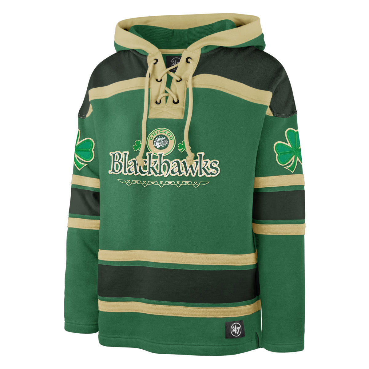 Chicago Blackhawks '47 Kelly Green McLucky Shamrock Superior Lacer Hoodie product image 1, provided for visual reference and