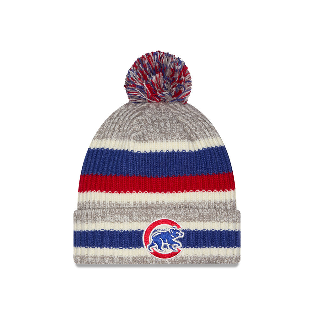 Chicago Cubs New Era Crawl Bear Striped Knit Beanie product image 1, provided for visual reference and product detail review