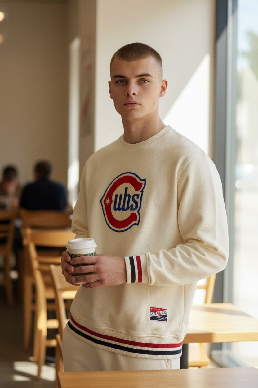 Chicago Cubs New Era Cream ALT 2 Crewneck Sweatshirt product image 1, provided for visual reference and product detail review