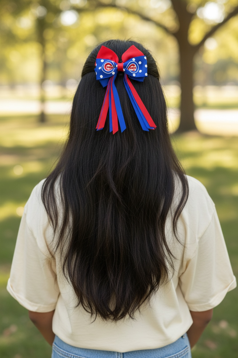 Chicago Cubs Polka Dot Hair Bow with Mini Streamers product image 1, provided for visual reference and product detail review