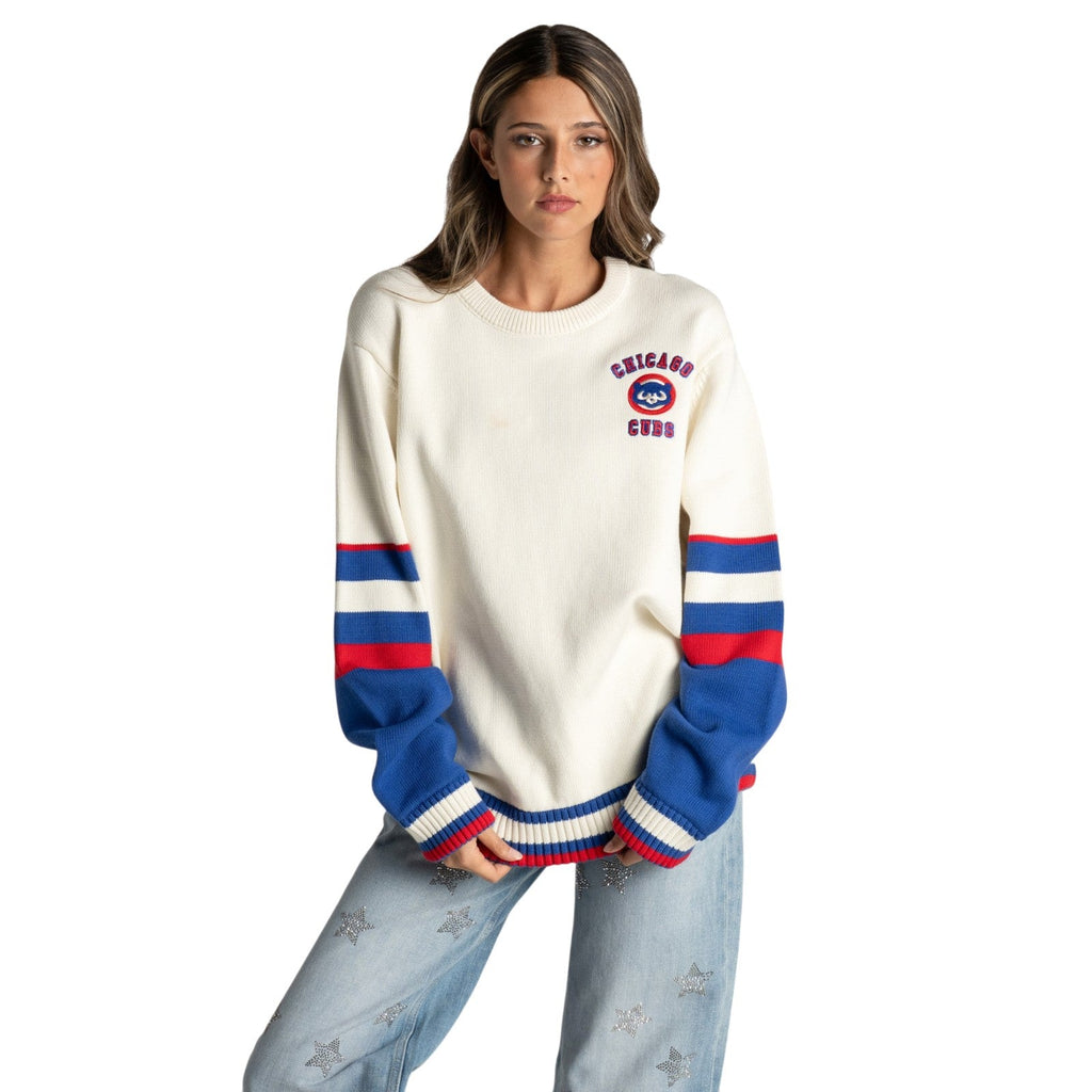 Chicago Cubs The Wild Collective Cream Jacquard Crew Sweater product image 1, provided for visual reference and product