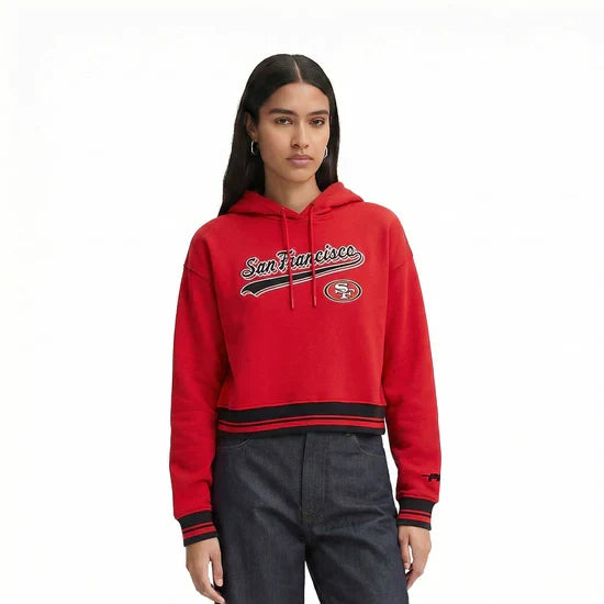 PRO STANDARD Women NFL SAN FRANCISCO 49ERS SCRIPT TAIL RIB FLEECE CROPPED PULLOVER HOODIE - RED/BLACK product image 1,