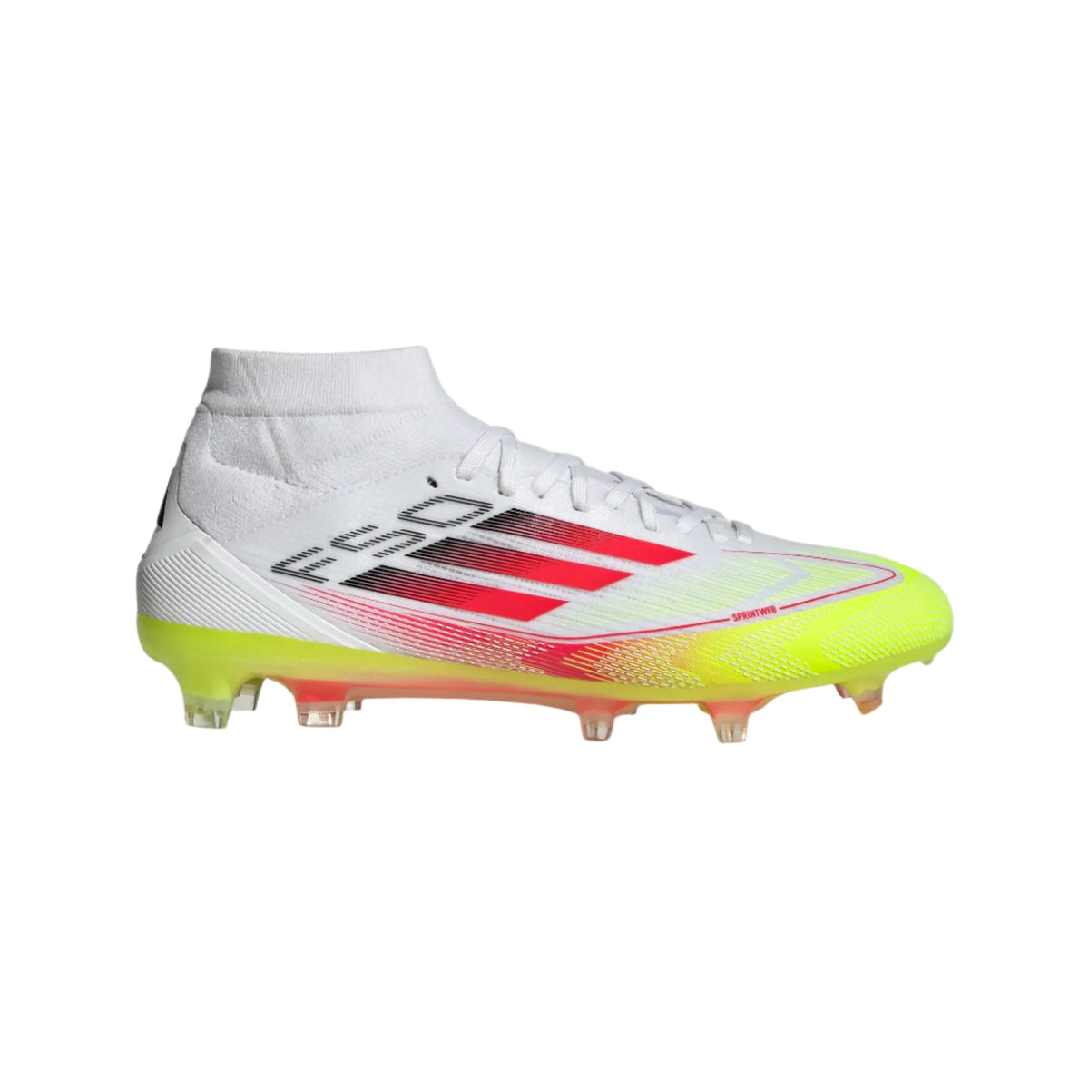 Adidas Womens F50 Pro MID FG/MG-White/Lucid Red/Volt product image 1, provided for visual reference and product detail review