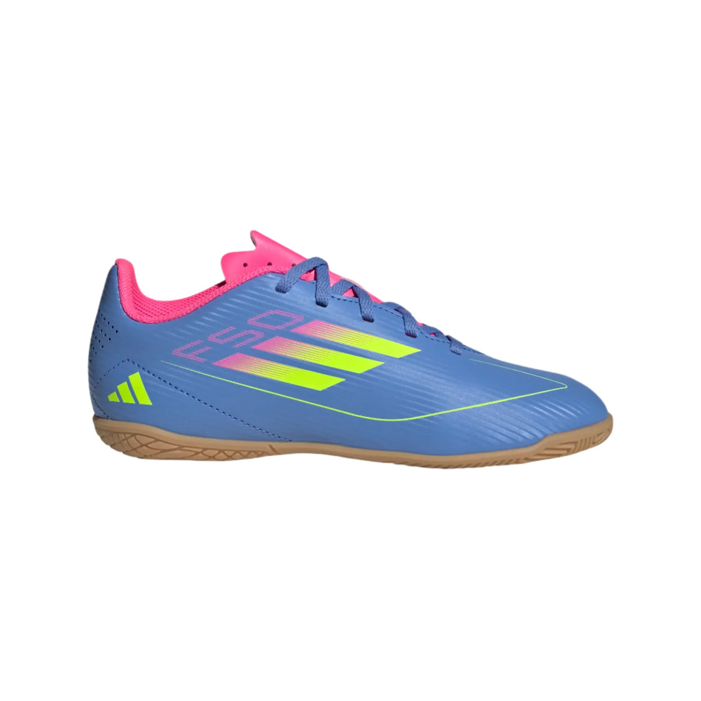 Adidas Jr F50 Club IC-Light Blue/Lucid Yellow/Pink product image 1, provided for visual reference and product detail review