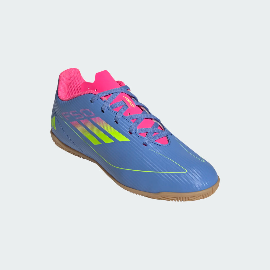 Adidas Jr F50 Club IC-Light Blue/Lucid Yellow/Pink product image 4, provided for visual reference and product detail review