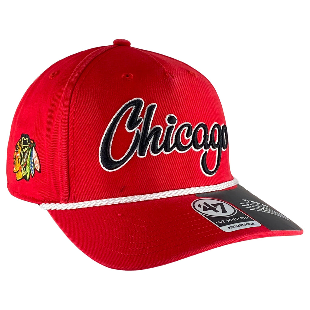 Chicago Blackhawks Red Overhand Rope Script Snapback Hat product image 1, provided for visual reference and product detail