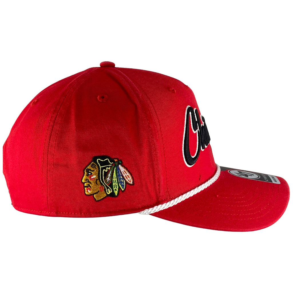 Chicago Blackhawks Red Overhand Rope Script Snapback Hat product image 4, provided for visual reference and product detail