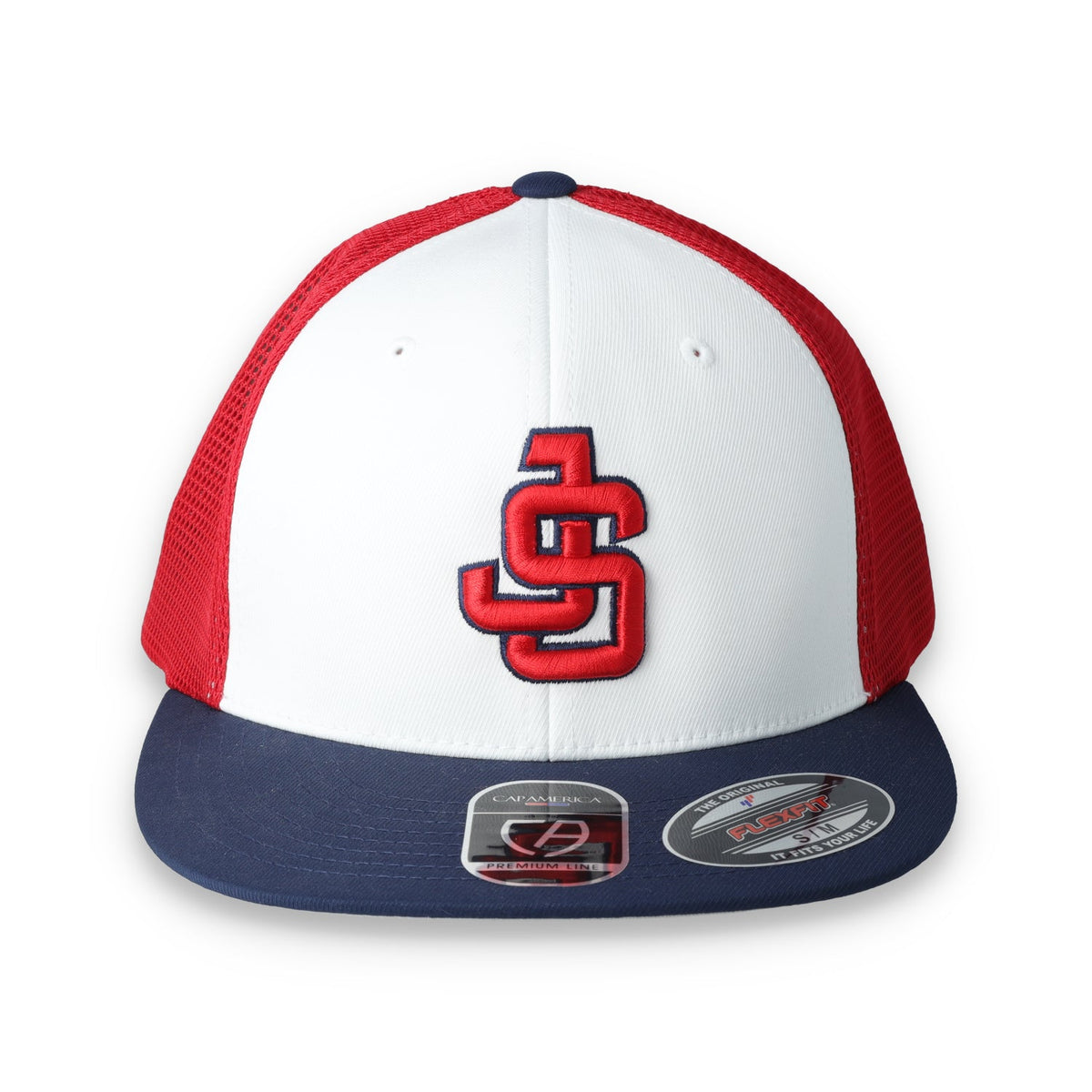 Justin-Siena HS Flexfit Performance Trucker Mesh Back Cap-White/Navy/Red product image 1, provided for visual reference and
