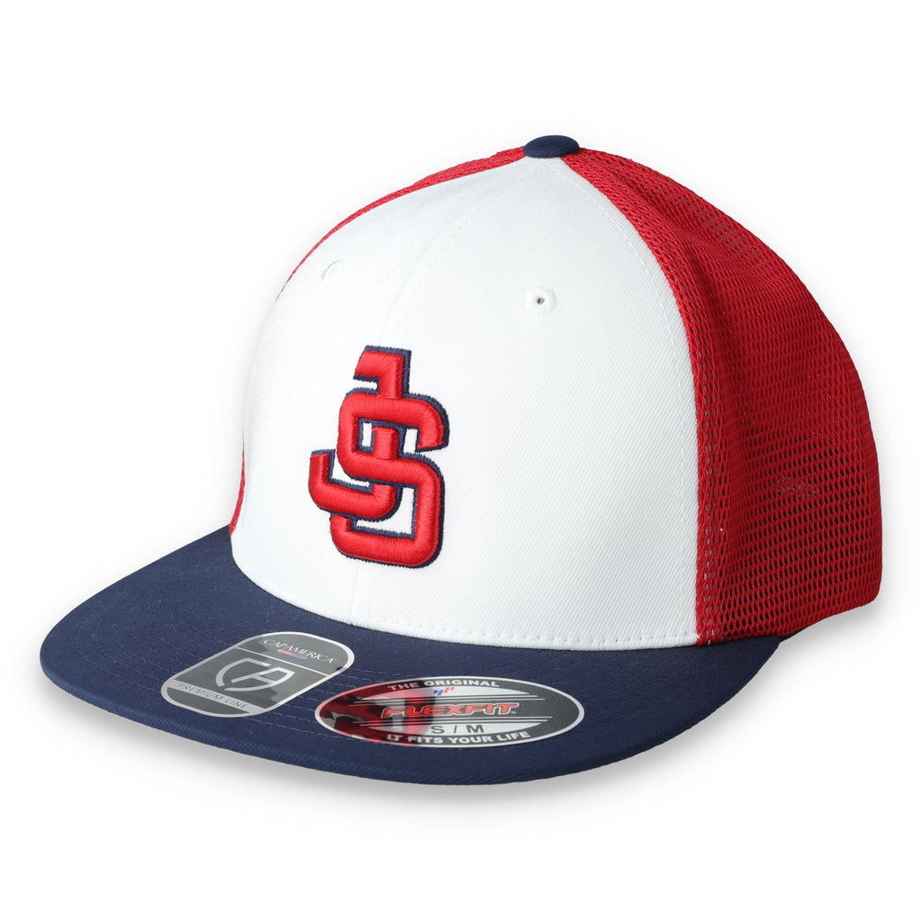 Justin-Siena HS Flexfit Performance Trucker Mesh Back Cap-White/Navy/Red product image 2, provided for visual reference and