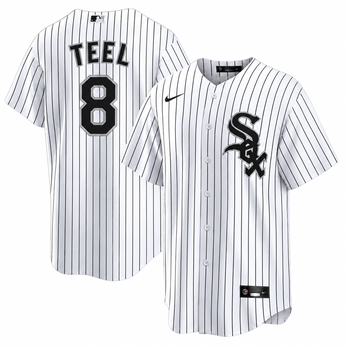 Kyle Teel #8 Chicago White Sox Nike Men Home White Pinstripe Jersey product image 1, provided for visual reference and