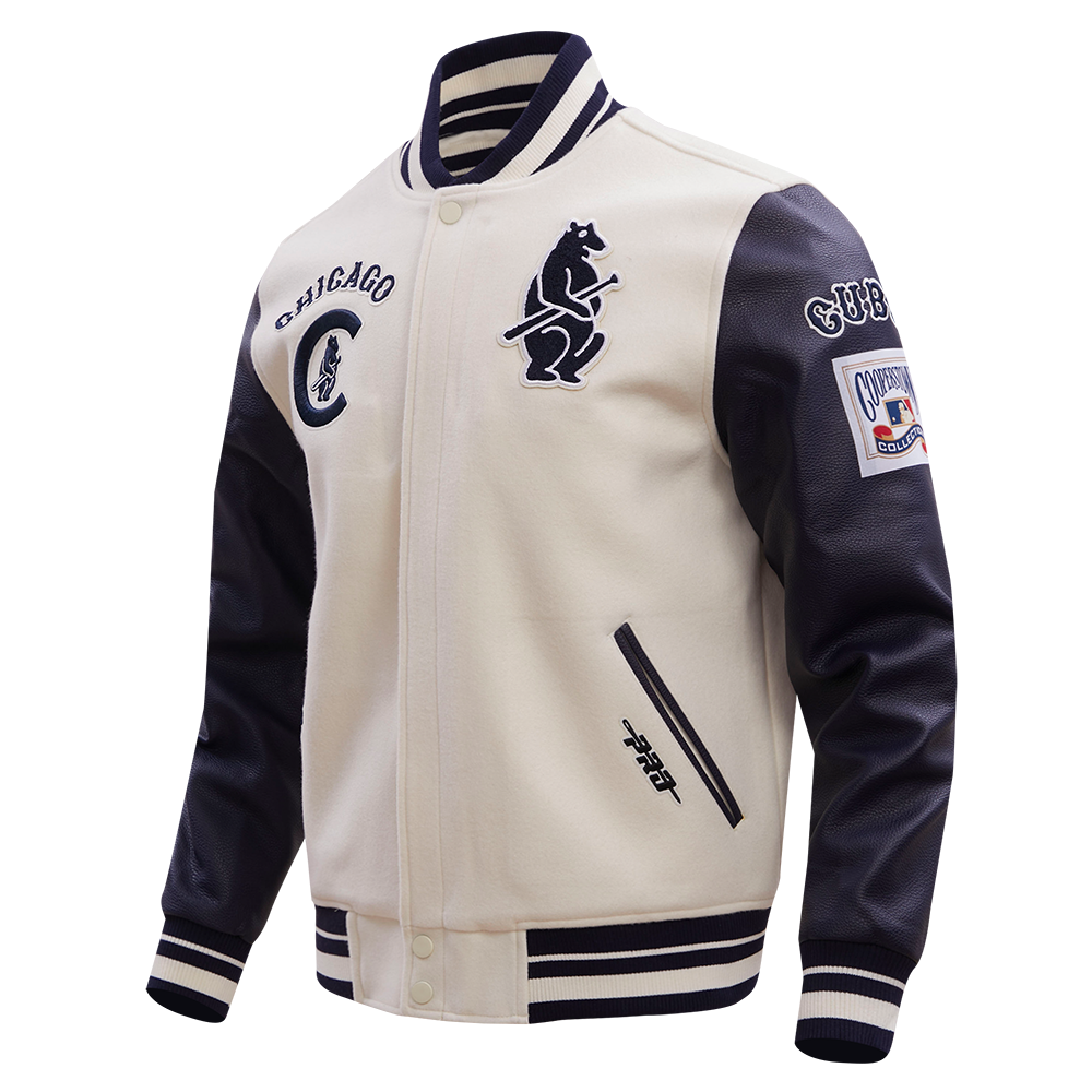 Chicago Cubs Retro Cream Classic Varsity Jacket product image 1, provided for visual reference and product detail review