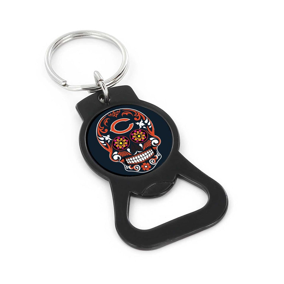Chicago Bears Black Sugar Skull Bottle Opener Keychain product image 1, provided for visual reference and product detail