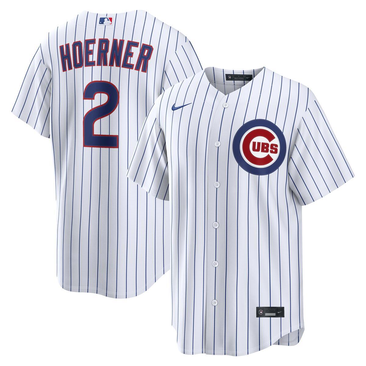 Nico Hoerner Chicago Cubs Nike Home Replica Pinstripe Jersey product image 1, provided for visual reference and product
