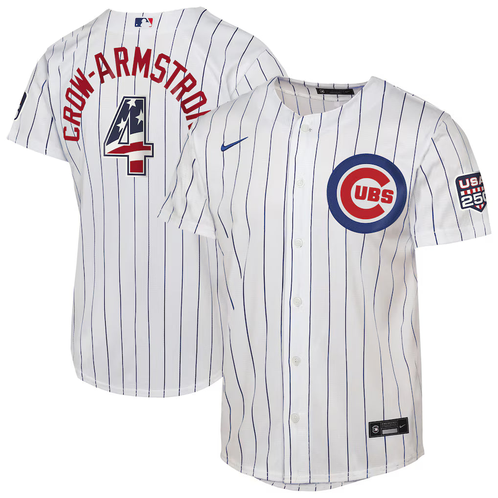 Pete Crow-Armstrong Chicago Cubs Nike Men USA 250 Fourth of July Home Pinstripe Jersey product image 1, provided for visual