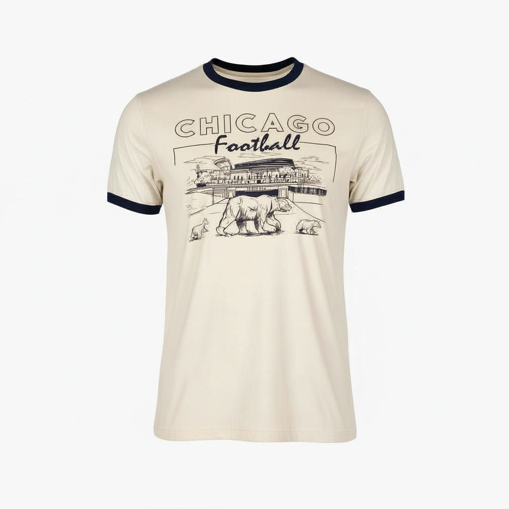 Chicago Bears Cream/Navy Ringer Soldier Field T-Shirt product image 1, provided for visual reference and product detail