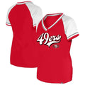 New Era Women San Francisco 49ers Glitter Script Raglan V-Neck T-Shirt product image 1, provided for visual reference and