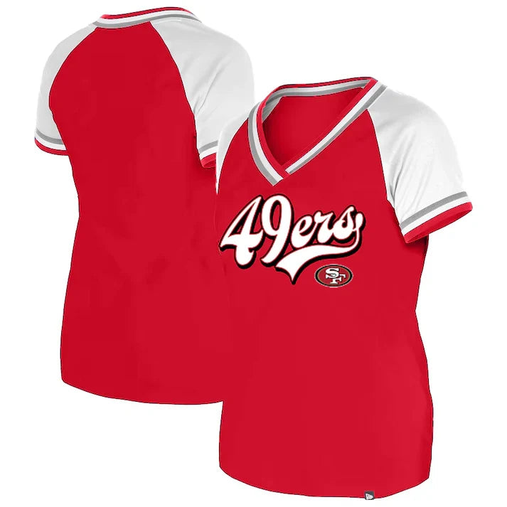 New Era Women San Francisco 49ers Glitter Script Raglan V-Neck T-Shirt product image 1, provided for visual reference and