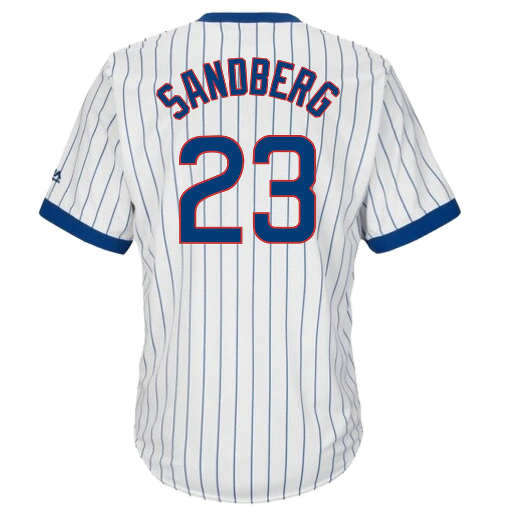 Ryne Sandberg Chicago Cubs Cooperstown White Pinstripe V-Neck Home Men Jersey product image 2, provided for visual reference
