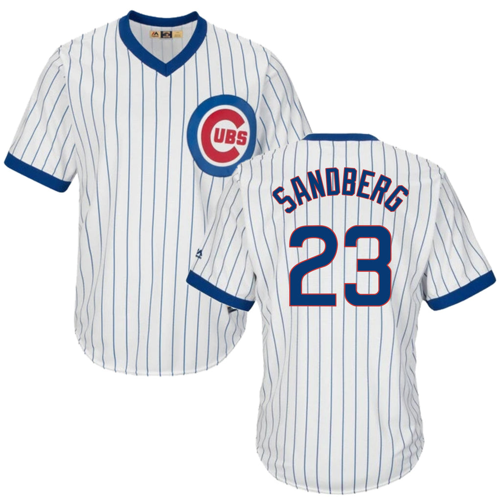 Ryne Sandberg Chicago Cubs Cooperstown White Pinstripe V-Neck Home Men Jersey product image 1, provided for visual reference