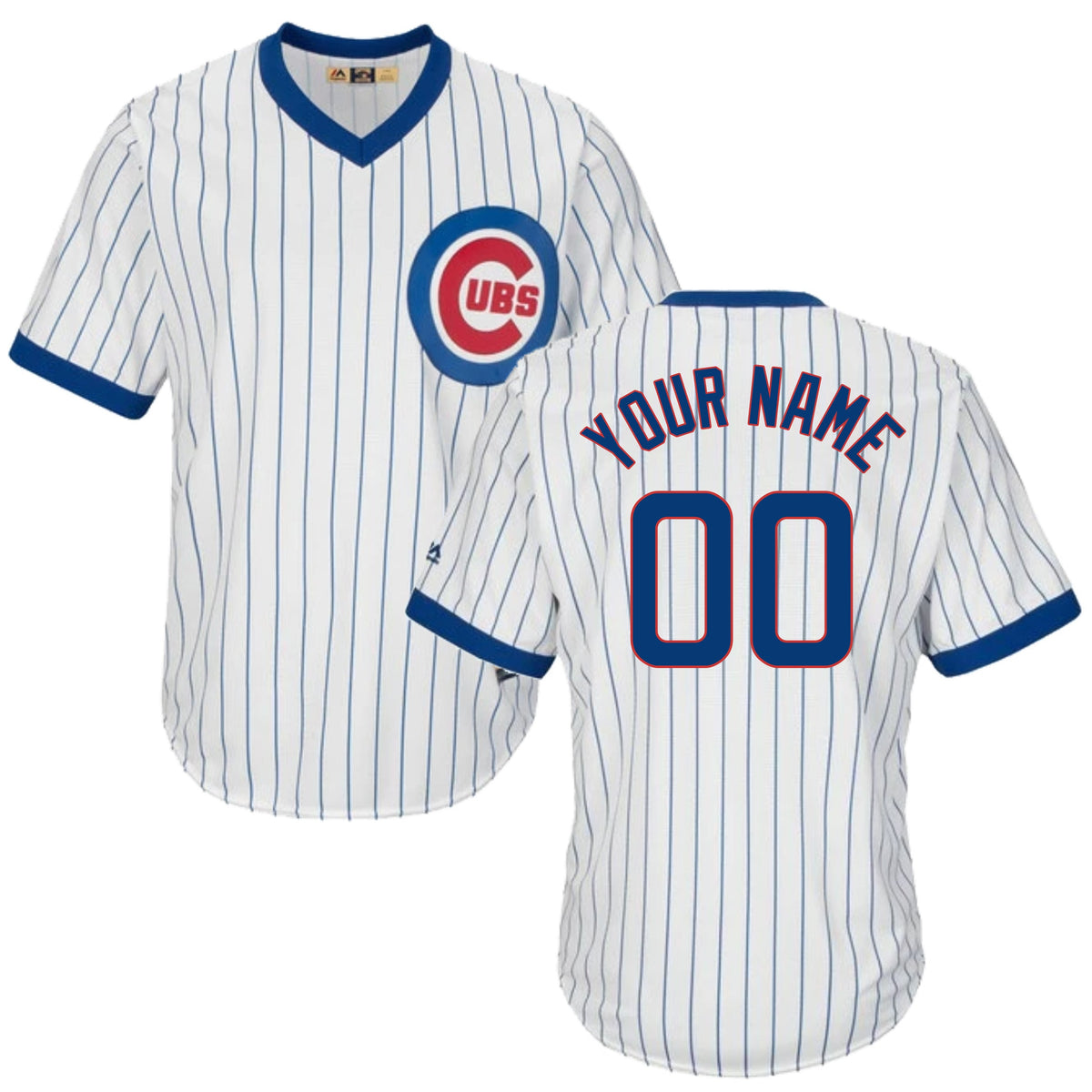 Custom Chicago Cubs Cooperstown White Pinstripe V-Neck Home Men Jersey product image 1, provided for visual reference and