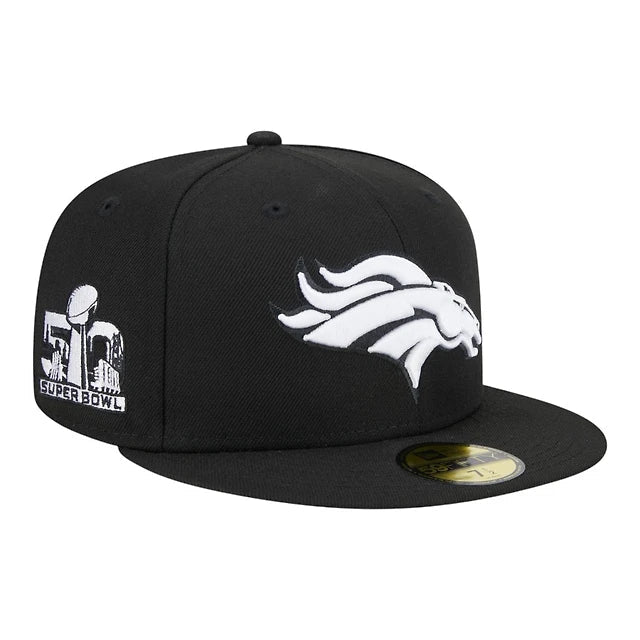 New Era Denver Broncos 50th Super Bowl Side Patch 59FIFTY Fitted Black & White Hat product image 1, provided for visual